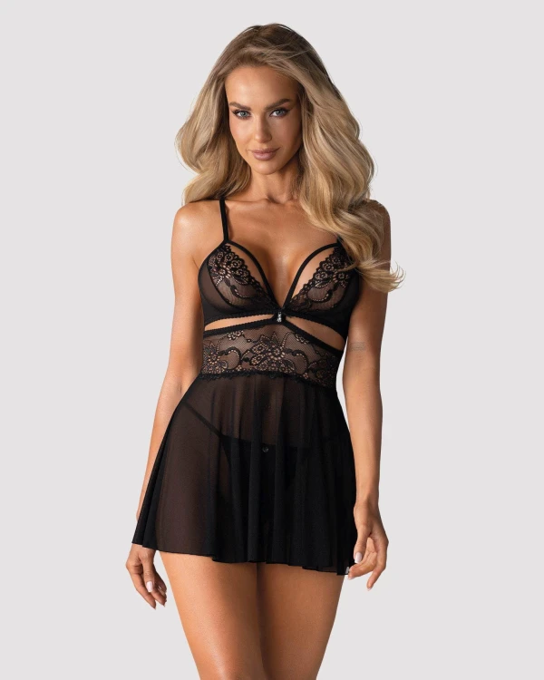 838-BAB-1 babydoll i stringi czarna czarny XXL