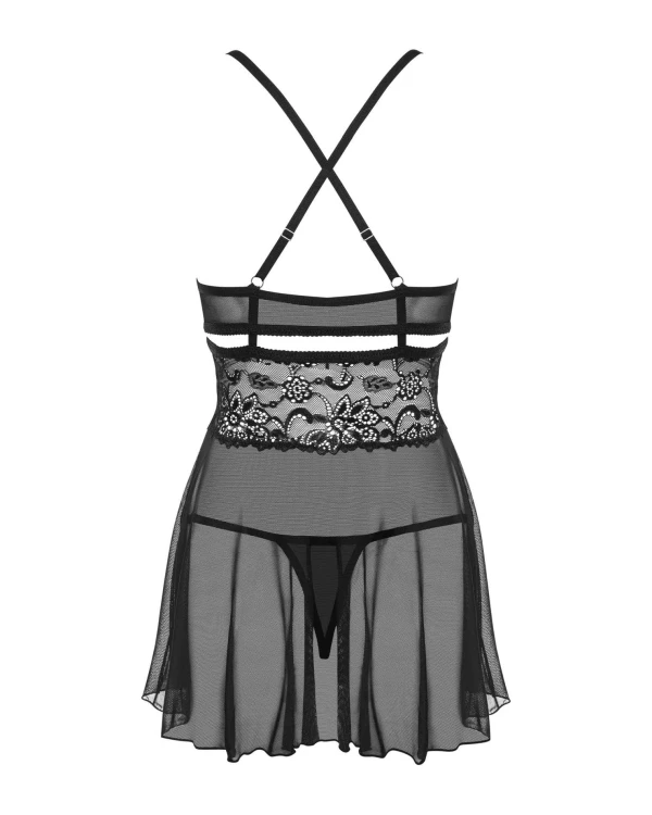838-BAB-1 babydoll i stringi czarna czarny S/M