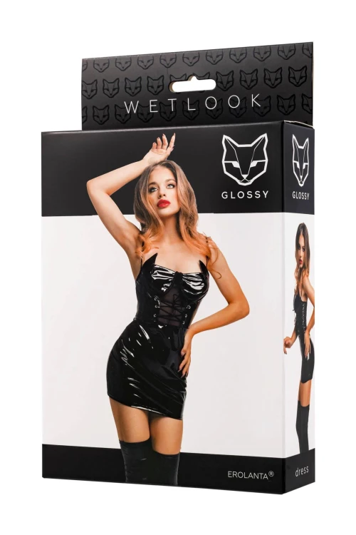 Glossy Mirabell,dress,wetlook,black,XL